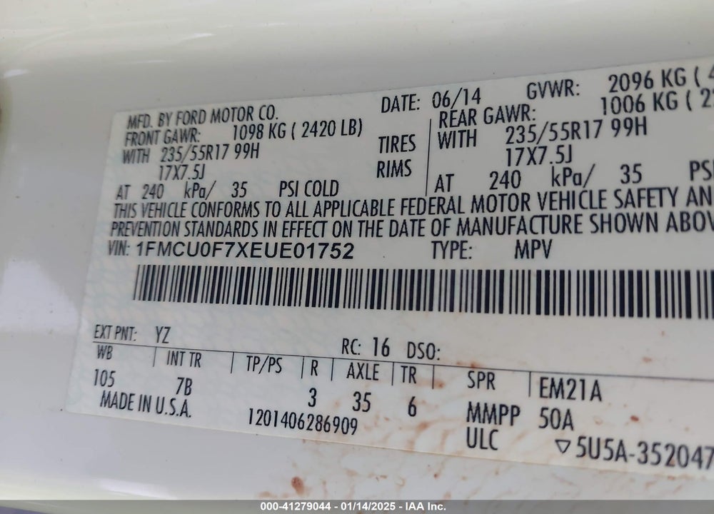 2014 FORD ESCAPE S VIN: 1FMCU0F7XEUE01752