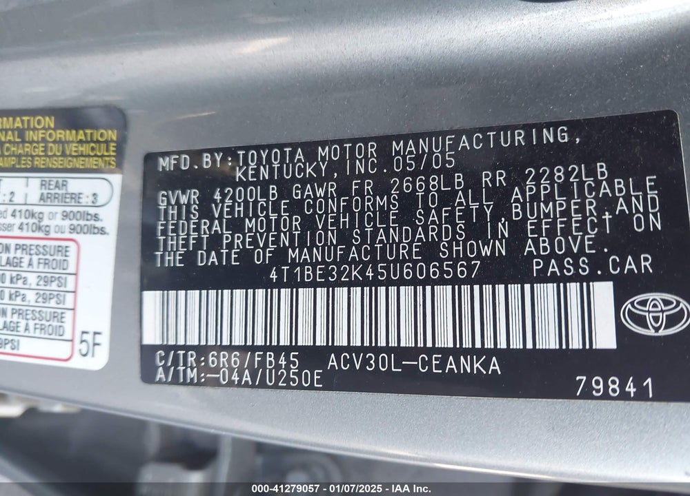 2005 TOYOTA CAMRY LE VIN: 4T1BE32K45U606567