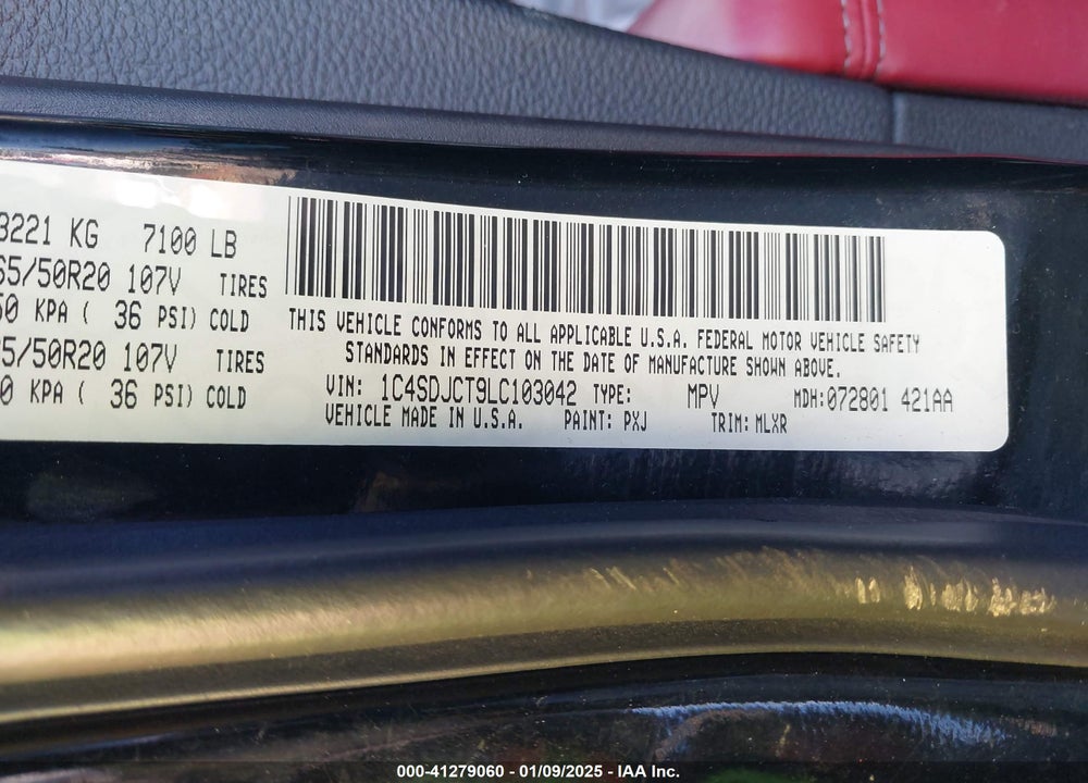 2020 DODGE DURANGO VIN: 1C4SDJCT9LC103042