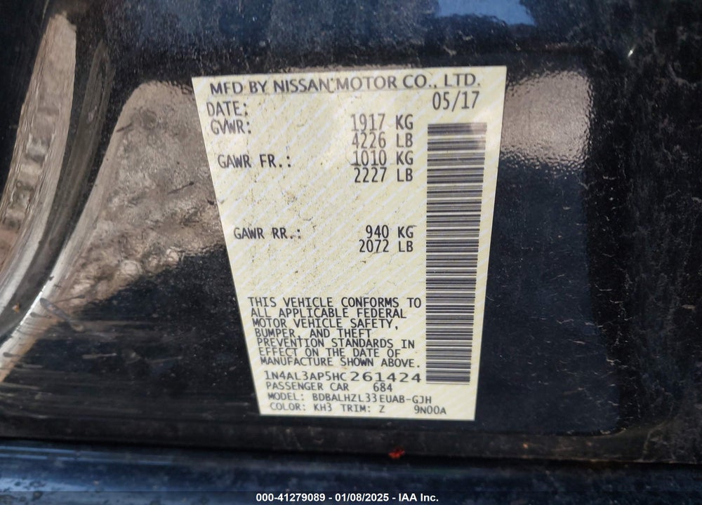 2017 NISSAN ALTIMA 2.5 SR VIN: 1N4AL3AP5HC261424
