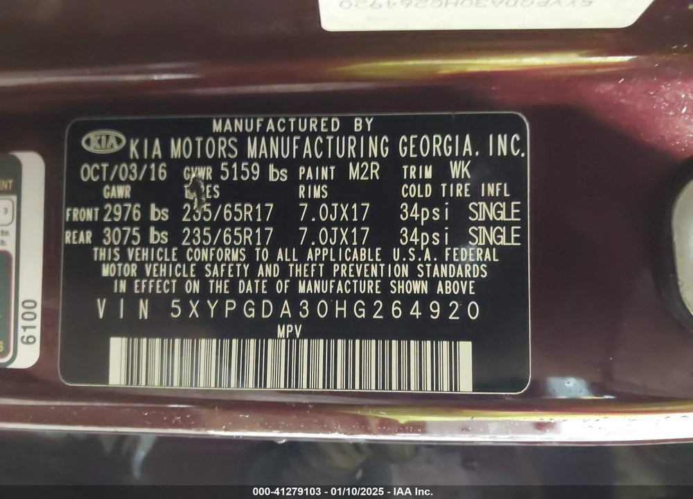 2017 KIA SORENTO 2.4L LX VIN: 5XYPGDA30HG264920