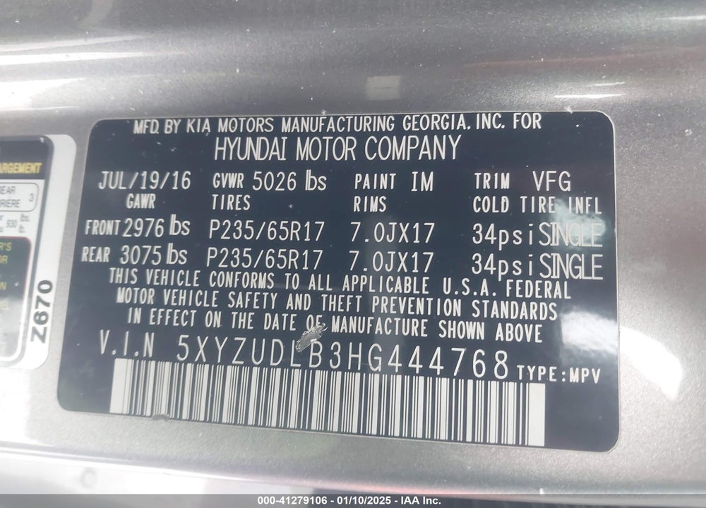 2017 HYUNDAI SANTA FE SPORT VIN: 5XYZUDLB3HG444768
