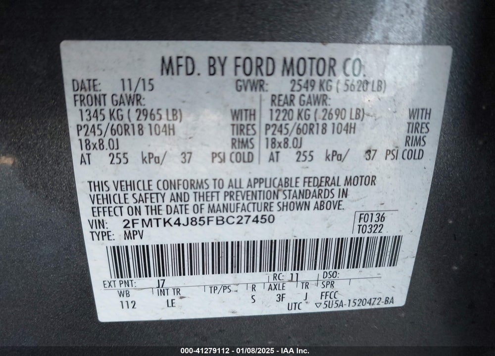2015 FORD EDGE SEL VIN: 2FMTK4J85FBC27450