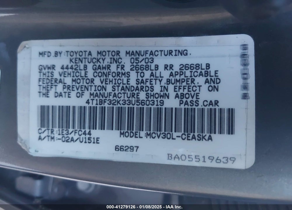 2003 TOYOTA CAMRY SE V6 VIN: 4T1BF32K33U560319