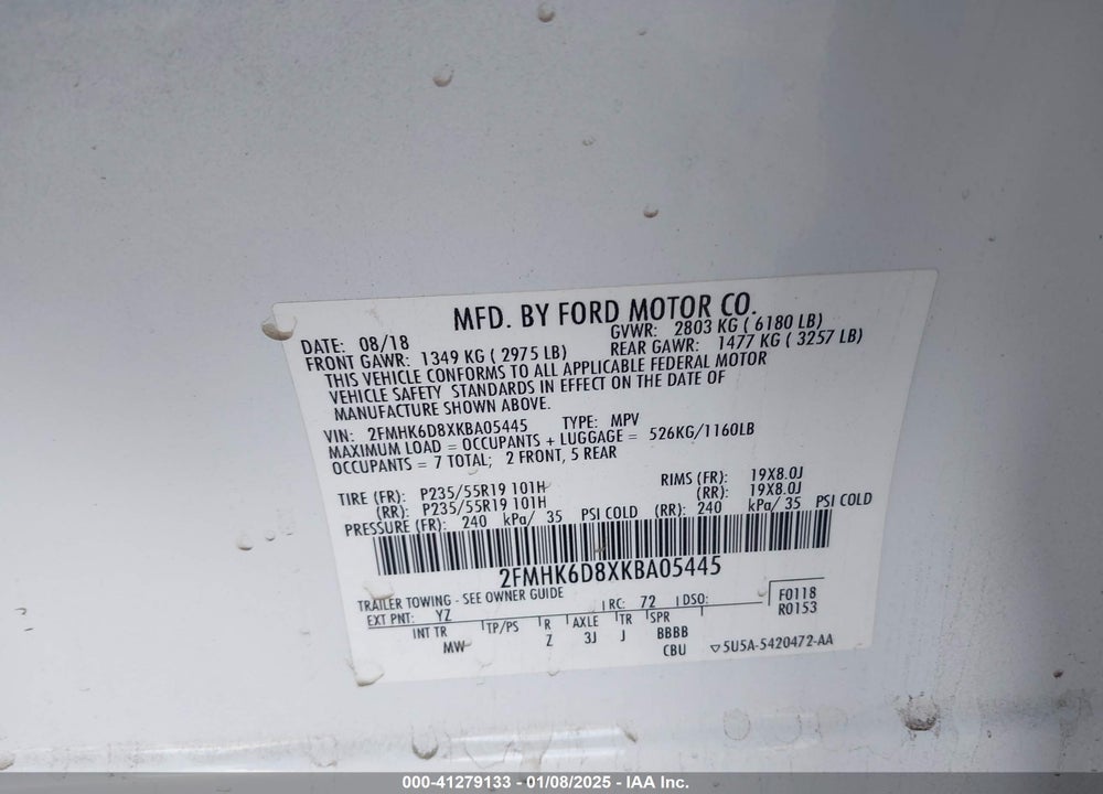 2019 FORD FLEX LIMITED VIN: 2FMHK6D8XKBA05445