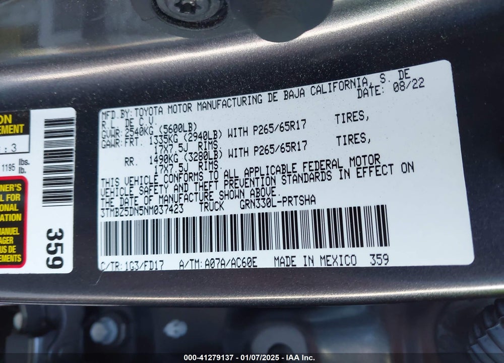 2022 TOYOTA TACOMA VIN: 3TMBZ5DN5NM037423