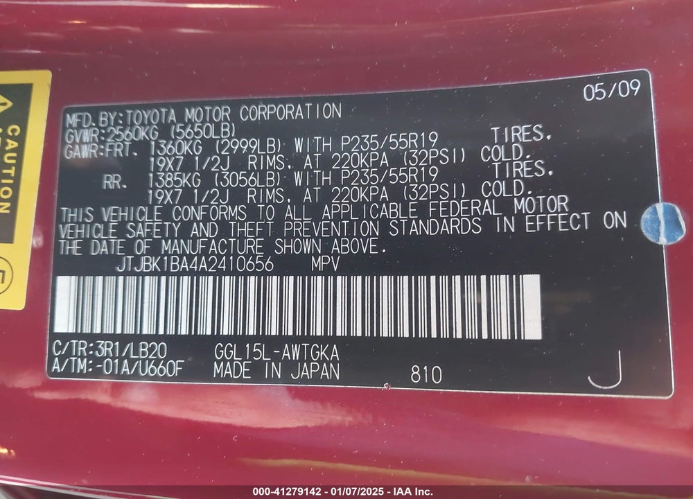 2010 LEXUS RX 350 BASE (A6) VIN: JTJBK1BA4A2410656