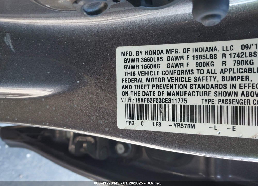2012 HONDA CIVIC SDN LX VIN: 19XFB2F53CE311775