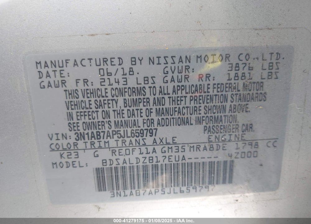 2018 NISSAN SENTRA VIN: 3N1AB7AP5JL659797