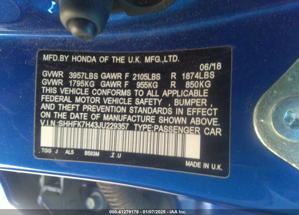 2018 HONDA CIVIC VIN: SHHFK7H43JU229357