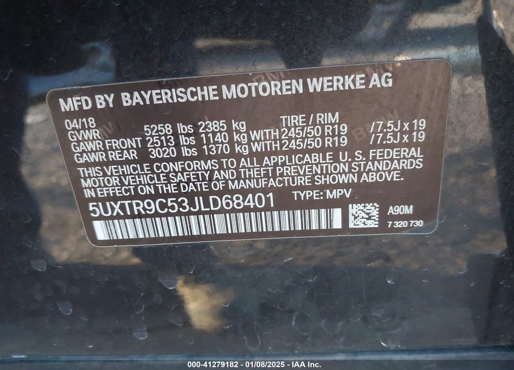 2018 BMW X3 XDRIVE30I VIN: 5UXTR9C53JLD68401