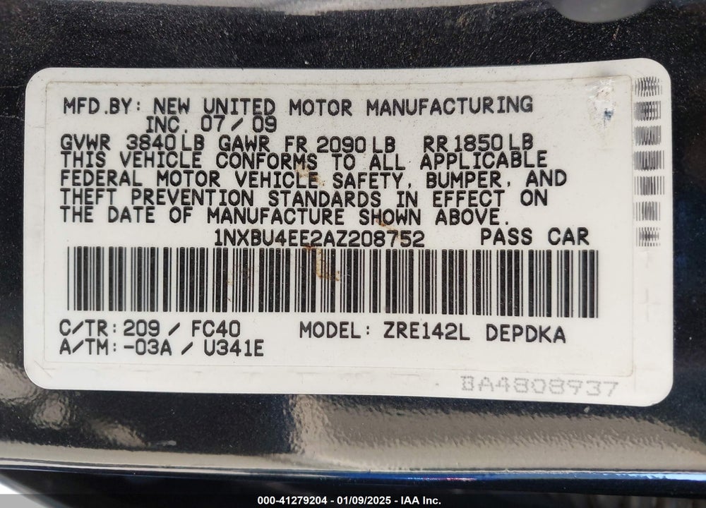 2010 TOYOTA COROLLA VIN: 1NXBU4EE2AZ208752