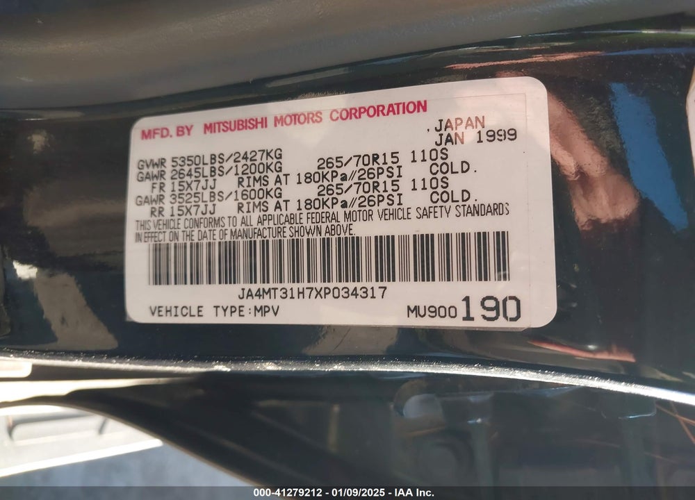 1999 MITSUBISHI MONTERO SPORT LS/XLS VIN: JA4MT31H7XP034317