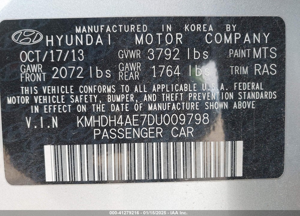 2013 HYUNDAI ELANTRA VIN: KMHDH4AE7DU009798