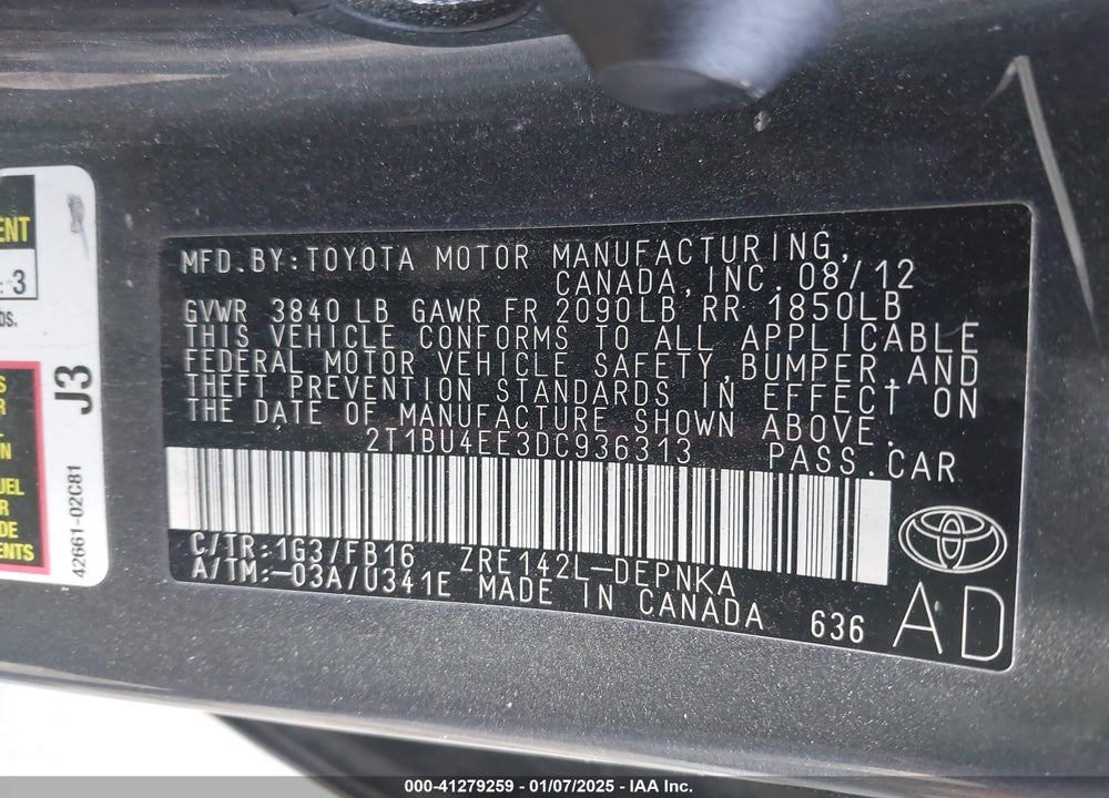 2013 TOYOTA COROLLA LE VIN: 2T1BU4EE3DC936313