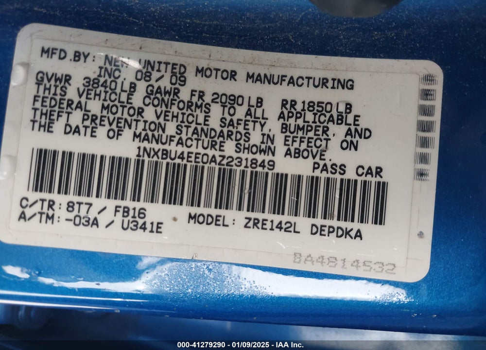 2010 TOYOTA COROLLA VIN: 1NXBU4EE0AZ231849