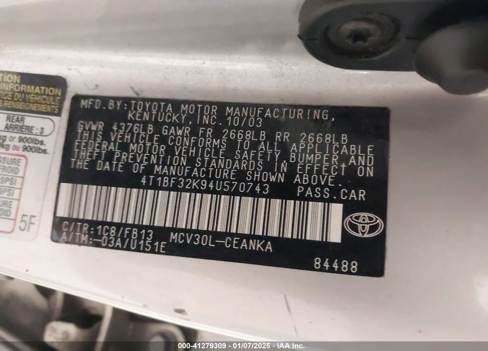 2004 TOYOTA CAMRY LE V6 VIN: 4T1BF32K94U570743