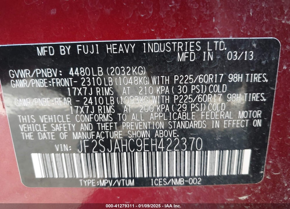 2014 SUBARU FORESTER 2.5I LIMITED VIN: JF2SJAHC9EH422370