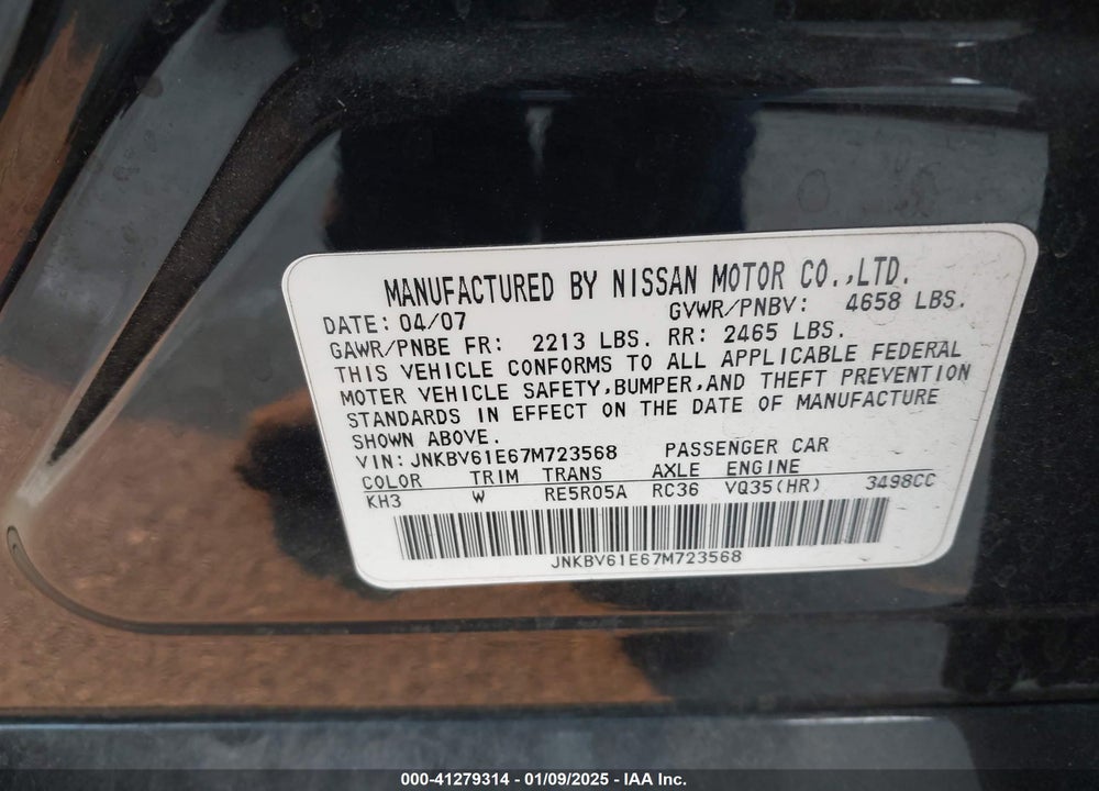 2007 INFINITI G35 JOURNEY VIN: JNKBV61E67M723568