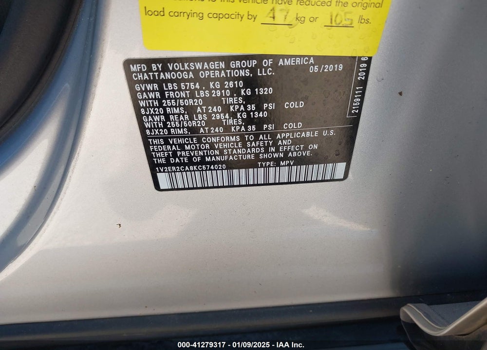 2019 VOLKSWAGEN ATLAS 3.6L V6 SEL VIN: 1V2ER2CA8KC574020