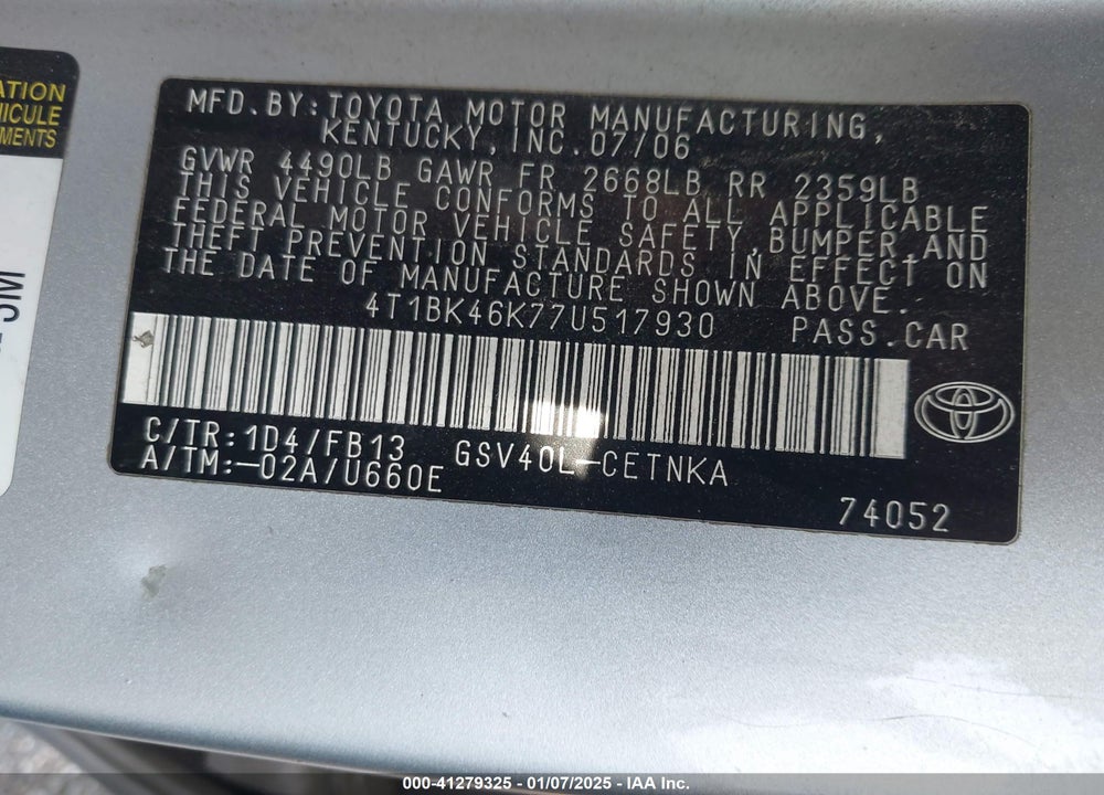 2007 TOYOTA CAMRY VIN: 4T1BK46K77U517930
