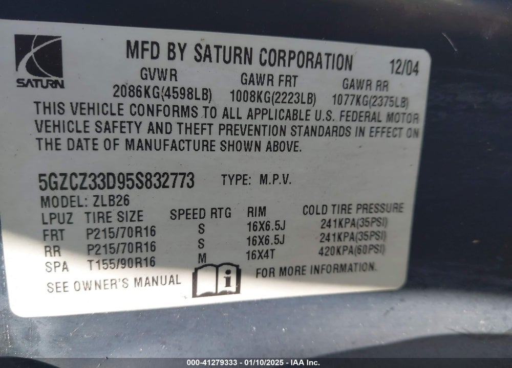 2005 SATURN VUE 4 CYL VIN: 5GZCZ33D95S832773