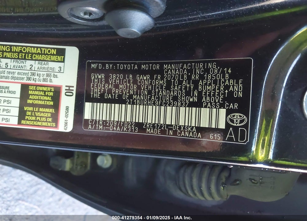 2015 TOYOTA COROLLA VIN: 2T1BURHE9FC239837
