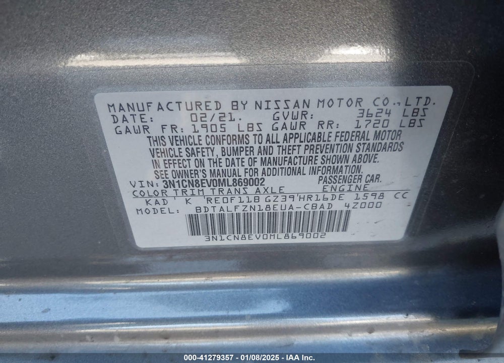 2021 NISSAN VERSA VIN: 3N1CN8EV0ML869002
