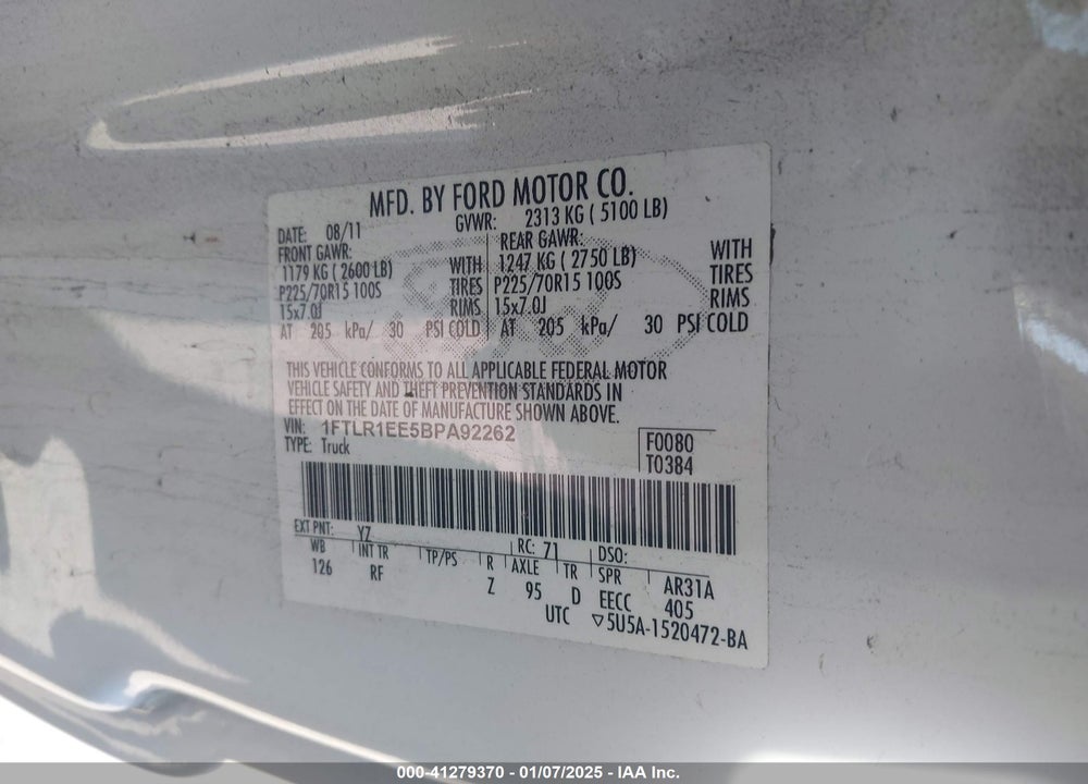 2011 FORD RANGER XLT VIN: 1FTLR1EE5BPA92262
