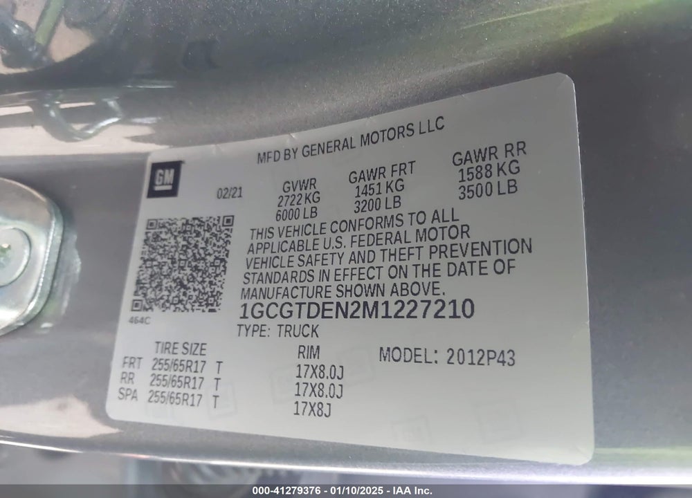 2021 CHEVROLET COLORADO 4WD SHORT BOX Z71 VIN: 1GCGTDEN2M1227210