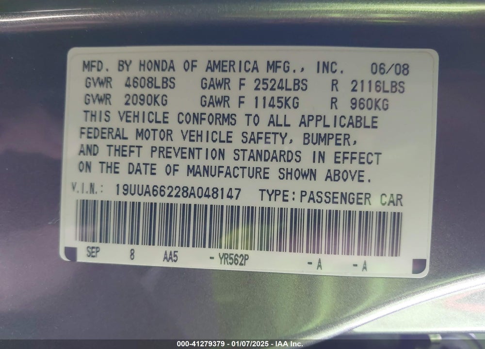 2008 ACURA TL VIN: 19UUA66228A048147