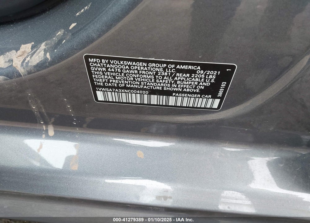 2022 VOLKSWAGEN PASSAT VIN: 1VWSA7A3XNC004020