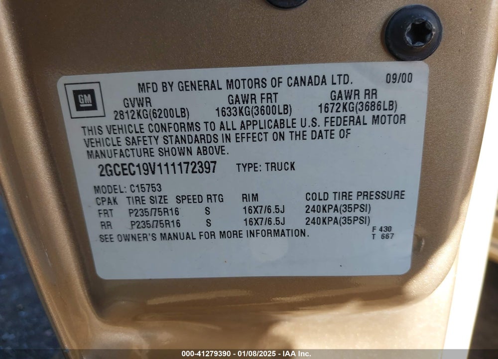 2001 CHEVROLET SILVERADO 1500 LS VIN: 2GCEC19V111172397