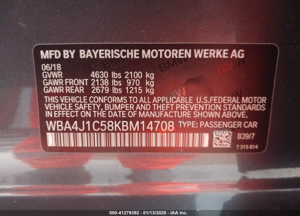 2019 BMW 430I GRAN COUPE VIN: WBA4J1C58KBM14708