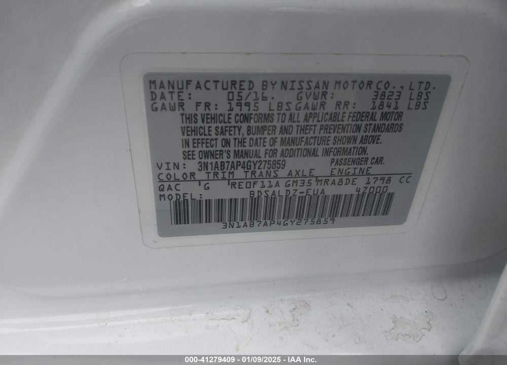 2016 NISSAN SENTRA VIN: 3N1AB7AP4GY275859