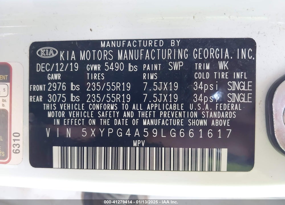 2020 KIA SORENTO VIN: 5XYPG4A59LG661617