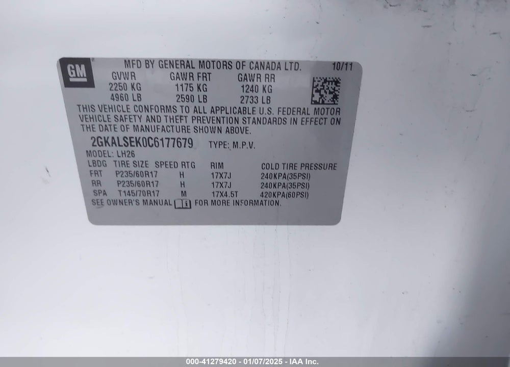 2012 GMC TERRAIN SLE-2 VIN: 2GKALSEK0C6177679