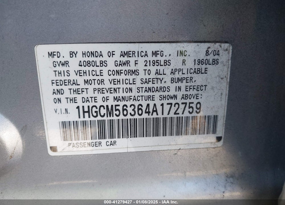 2004 HONDA ACCORD 2.4 LX VIN: 1HGCM56364A172759