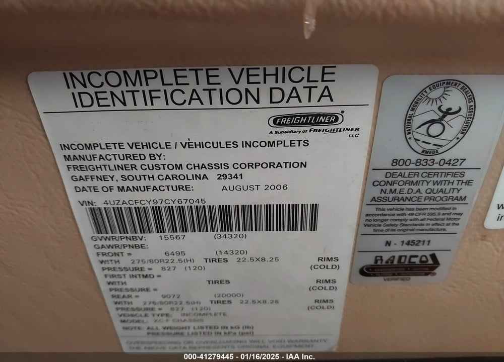 2007 FREIGHTLINER CHASSIS X LINE MOTOR HOME VIN: 4UZACFCY97CY67045