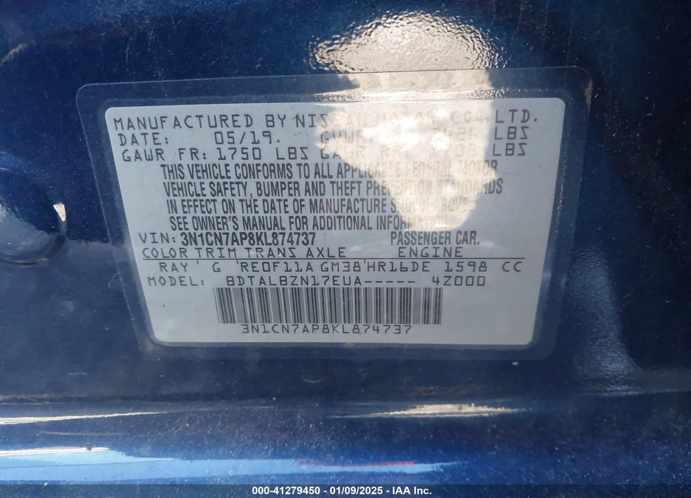 2019 NISSAN VERSA VIN: 3N1CN7AP8KL874737