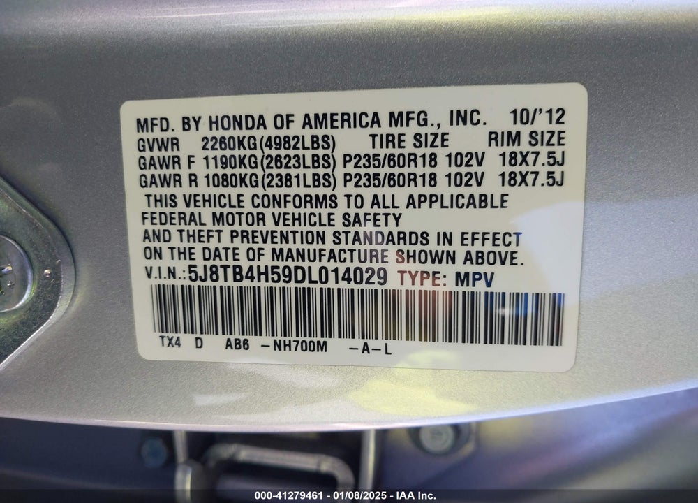 2013 ACURA RDX VIN: 5J8TB4H59DL014029