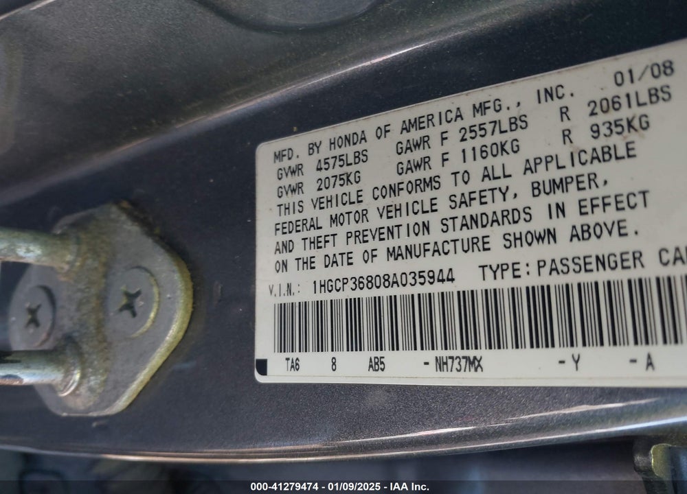 2008 HONDA ACCORD 3.5 EX-L VIN: 1HGCP36808A035944