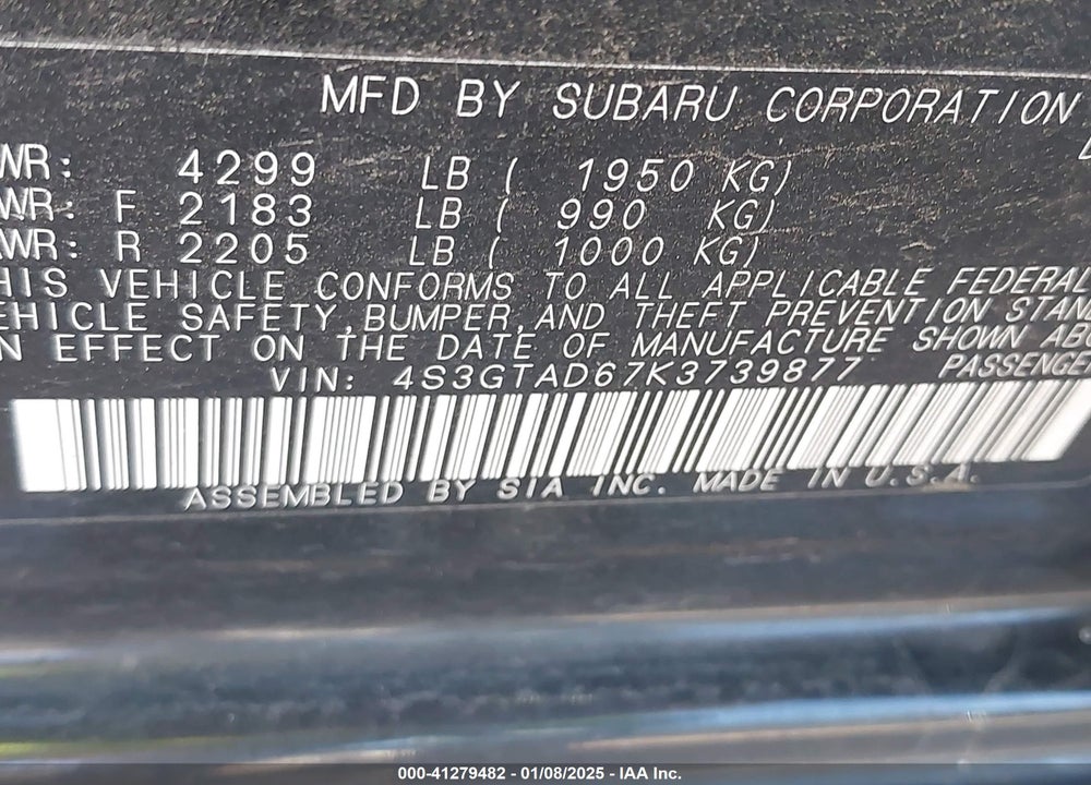 2019 SUBARU IMPREZA VIN: 4S3GTAD67K3739877