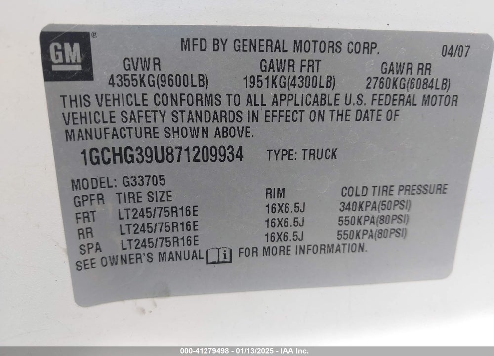2007 CHEVROLET EXPRESS WORK VAN VIN: 1GCHG39U871209934