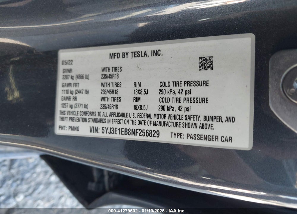 2022 TESLA MODEL 3 VIN: 5YJ3E1EB8NF256829