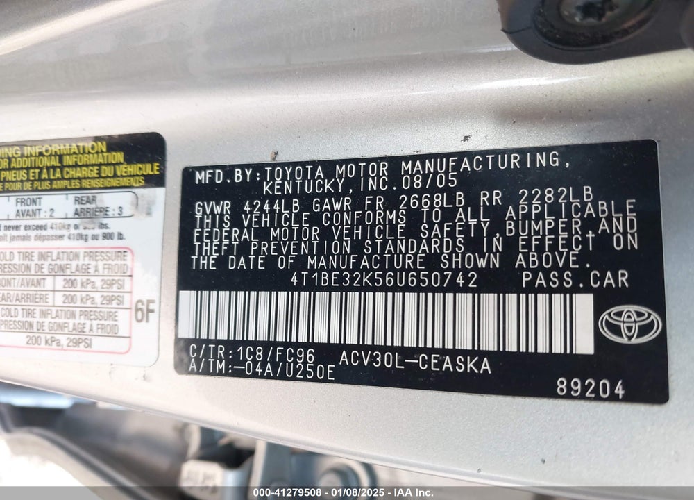 2006 TOYOTA CAMRY SE VIN: 4T1BE32K56U650742