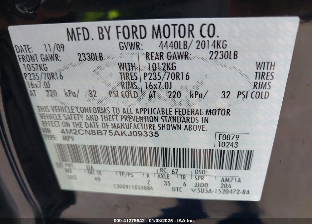 2010 MERCURY MARINER VIN: 4M2CN8B75AKJ09335