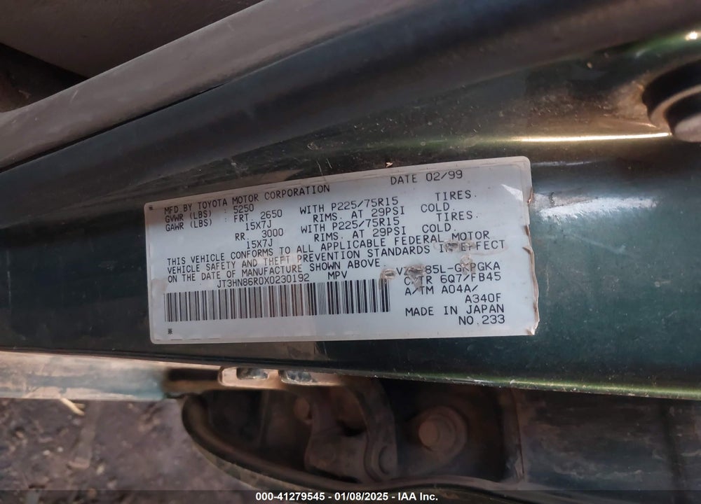 1999 TOYOTA 4RUNNER VIN: JT3HN86R0X0230192