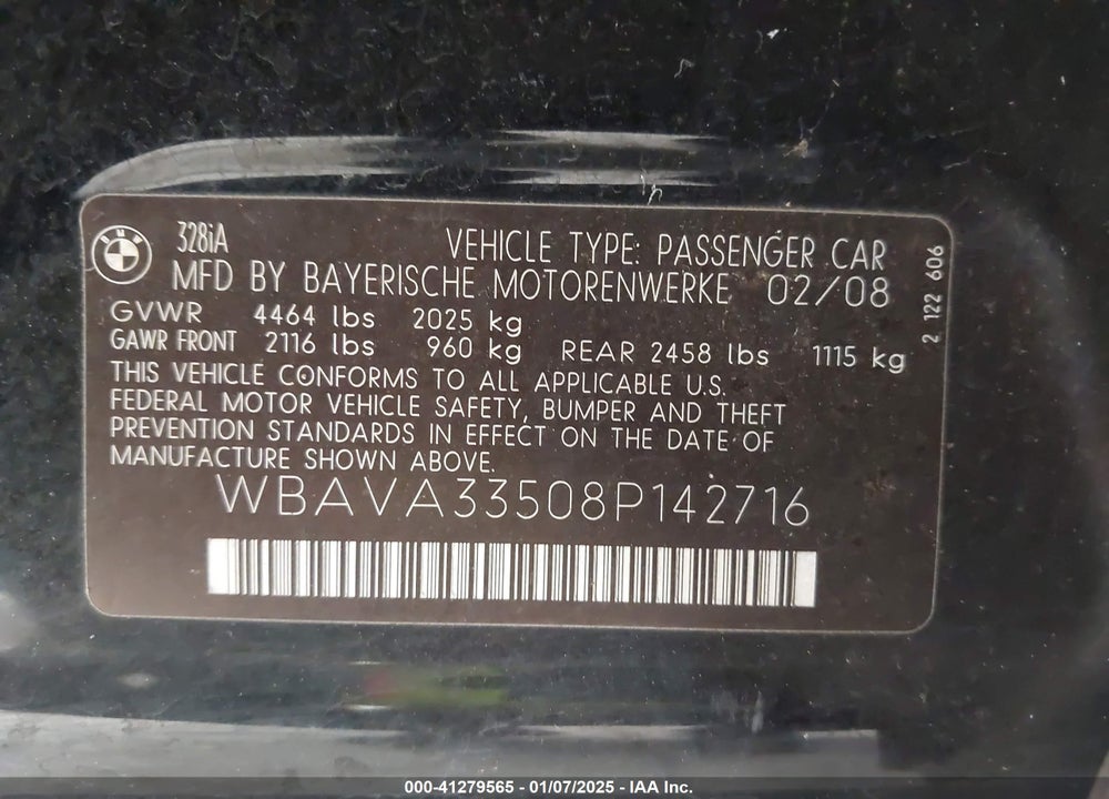 2008 BMW 328I VIN: WBAVA33508P142716