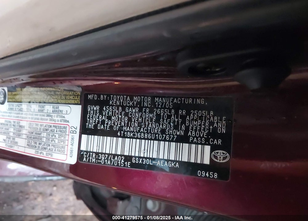 2006 TOYOTA AVALON XLS VIN: 4T1BK36B86U107677